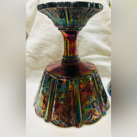 Vintage Fenton Black carnival glass paneled amethyst daisy candy dish. Mint - Picture 6 of 11